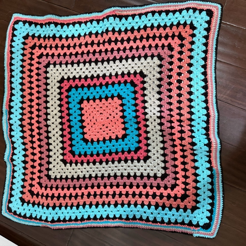 Handmade Multicolor Crochet Throw Blanket - Turquoise, Coral, Cream, Black